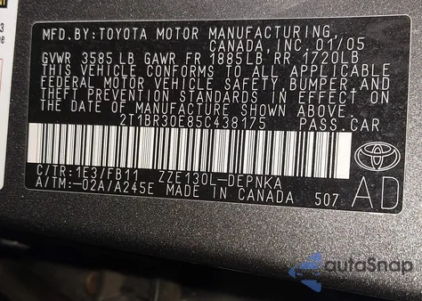 2005 Toyota Corolla Le from USA, damaged, VIN 2T1BR30E85C438175